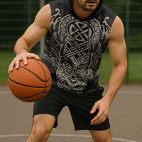 Celtic Trinity Knot Raven Emblem Sleeveless Hoodie Intricate Norse Tribal Knotwork Illustration