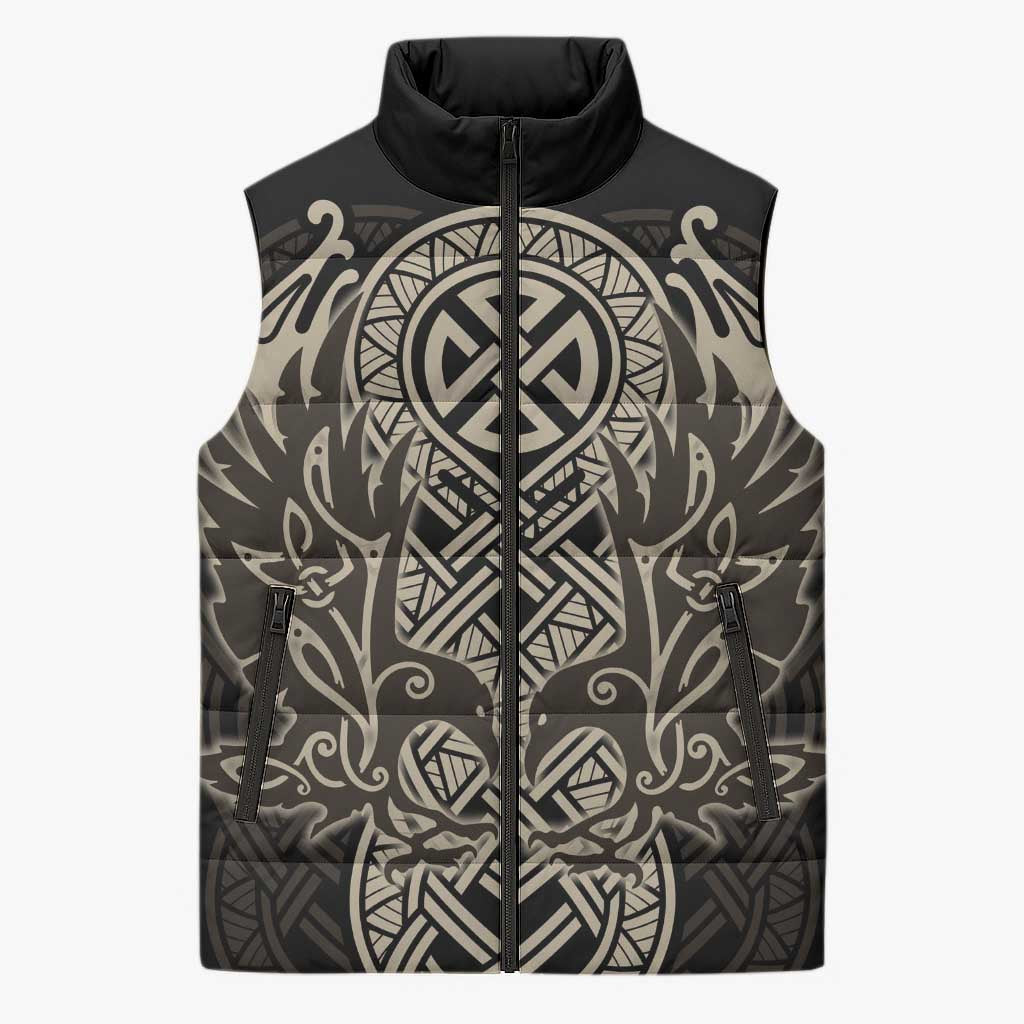 Celtic Trinity Knot Raven Emblem Sleeveless Puffer Jacket Intricate Norse Tribal Knotwork Illustration