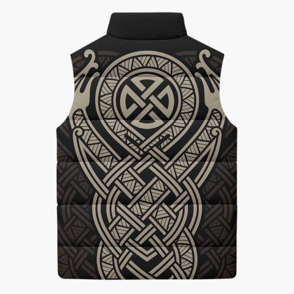 Celtic Trinity Knot Raven Emblem Sleeveless Puffer Jacket Intricate Norse Tribal Knotwork Illustration