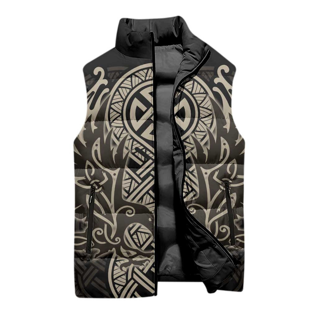 Celtic Trinity Knot Raven Emblem Sleeveless Puffer Jacket Intricate Norse Tribal Knotwork Illustration