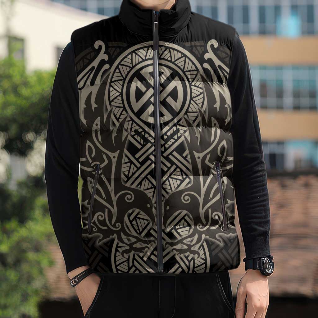 Celtic Trinity Knot Raven Emblem Sleeveless Puffer Jacket Intricate Norse Tribal Knotwork Illustration