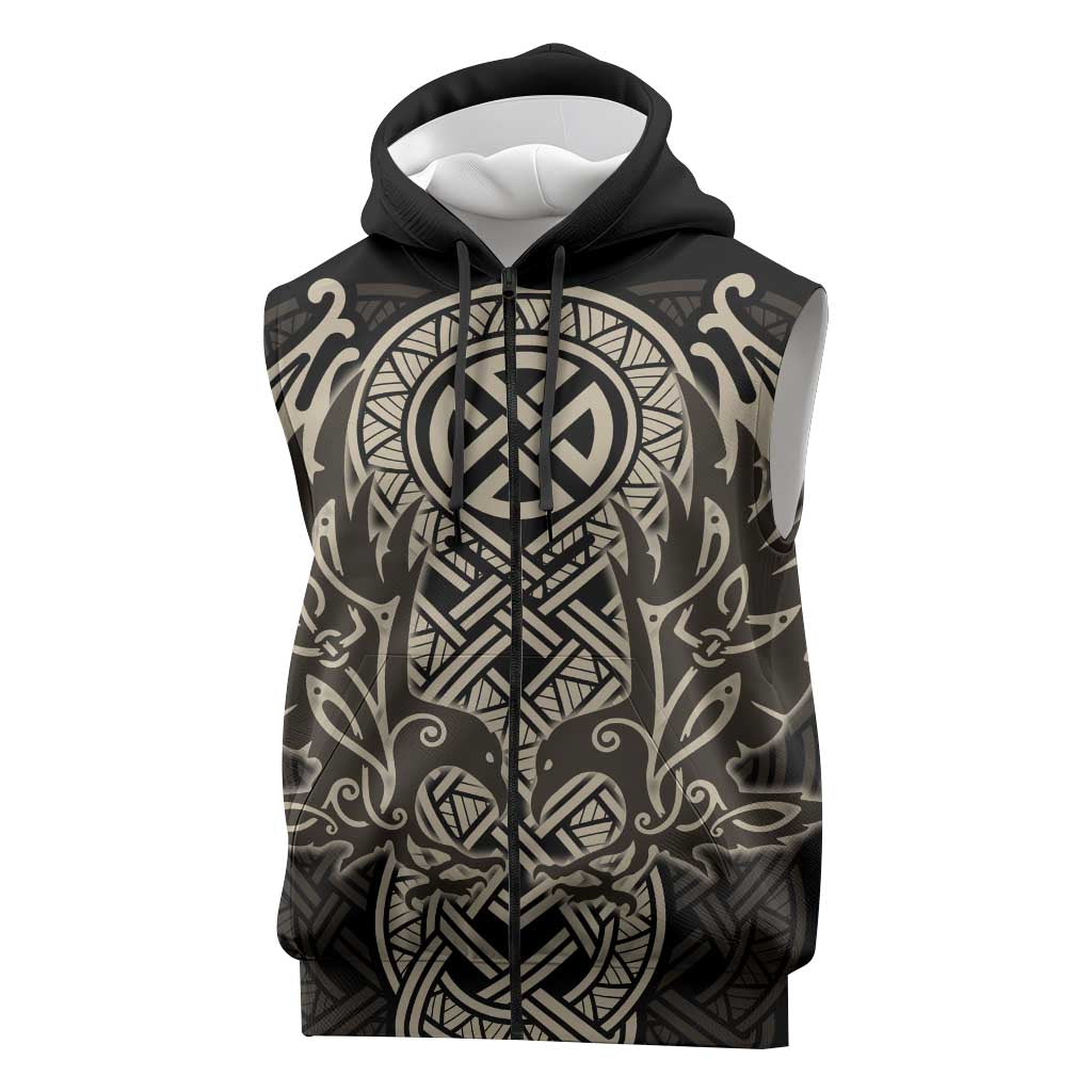 Celtic Trinity Knot Raven Emblem Sleeveless Zip Hoodie Intricate Norse Tribal Knotwork Illustration