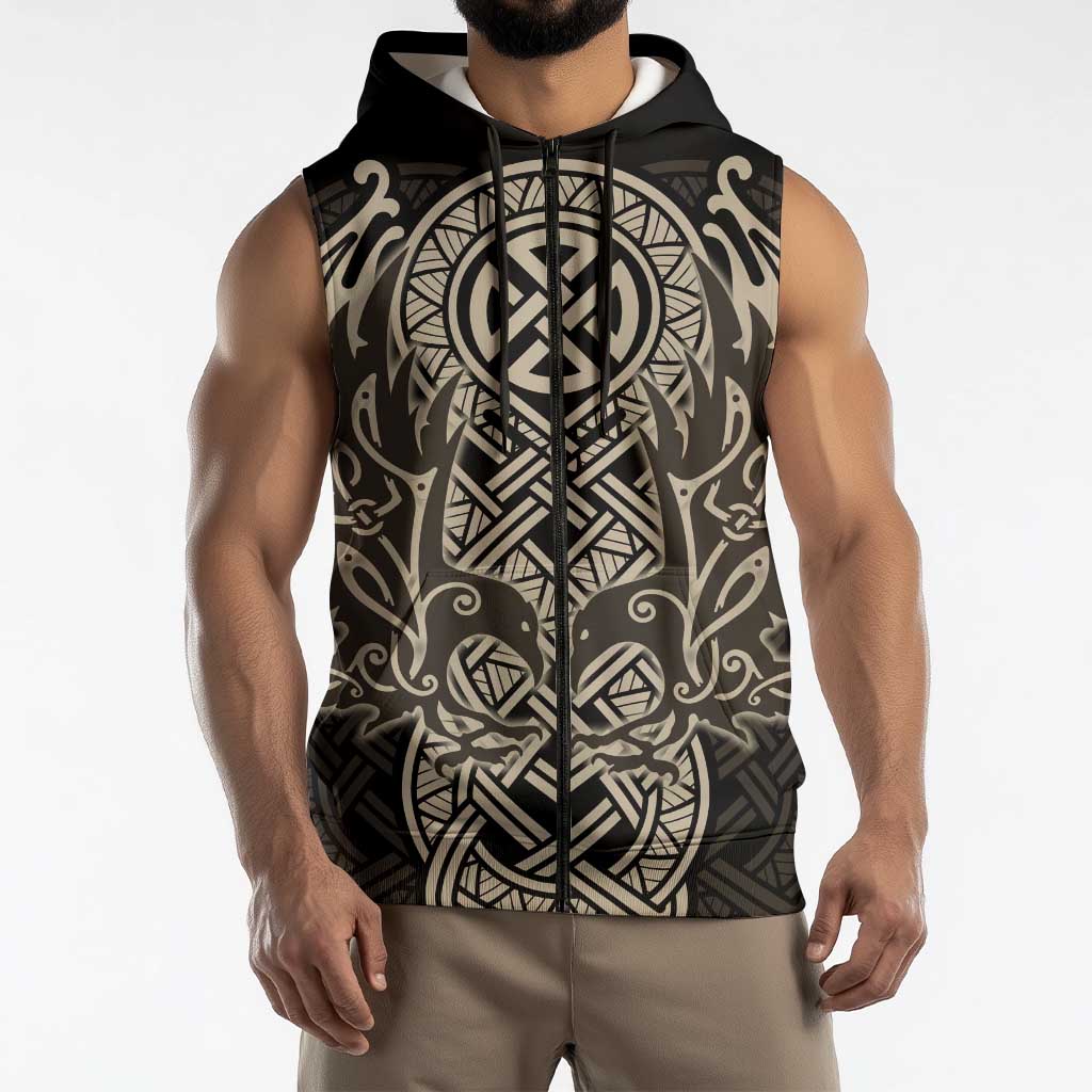 Celtic Trinity Knot Raven Emblem Sleeveless Zip Hoodie Intricate Norse Tribal Knotwork Illustration