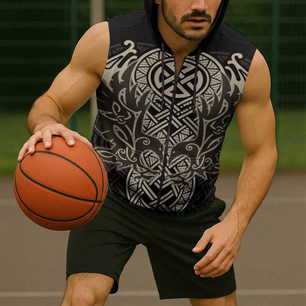 Celtic Trinity Knot Raven Emblem Sleeveless Zip Hoodie Intricate Norse Tribal Knotwork Illustration