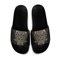 Celtic Trinity Knot Raven Emblem Slide Sandals Intricate Norse Tribal Knotwork Illustration