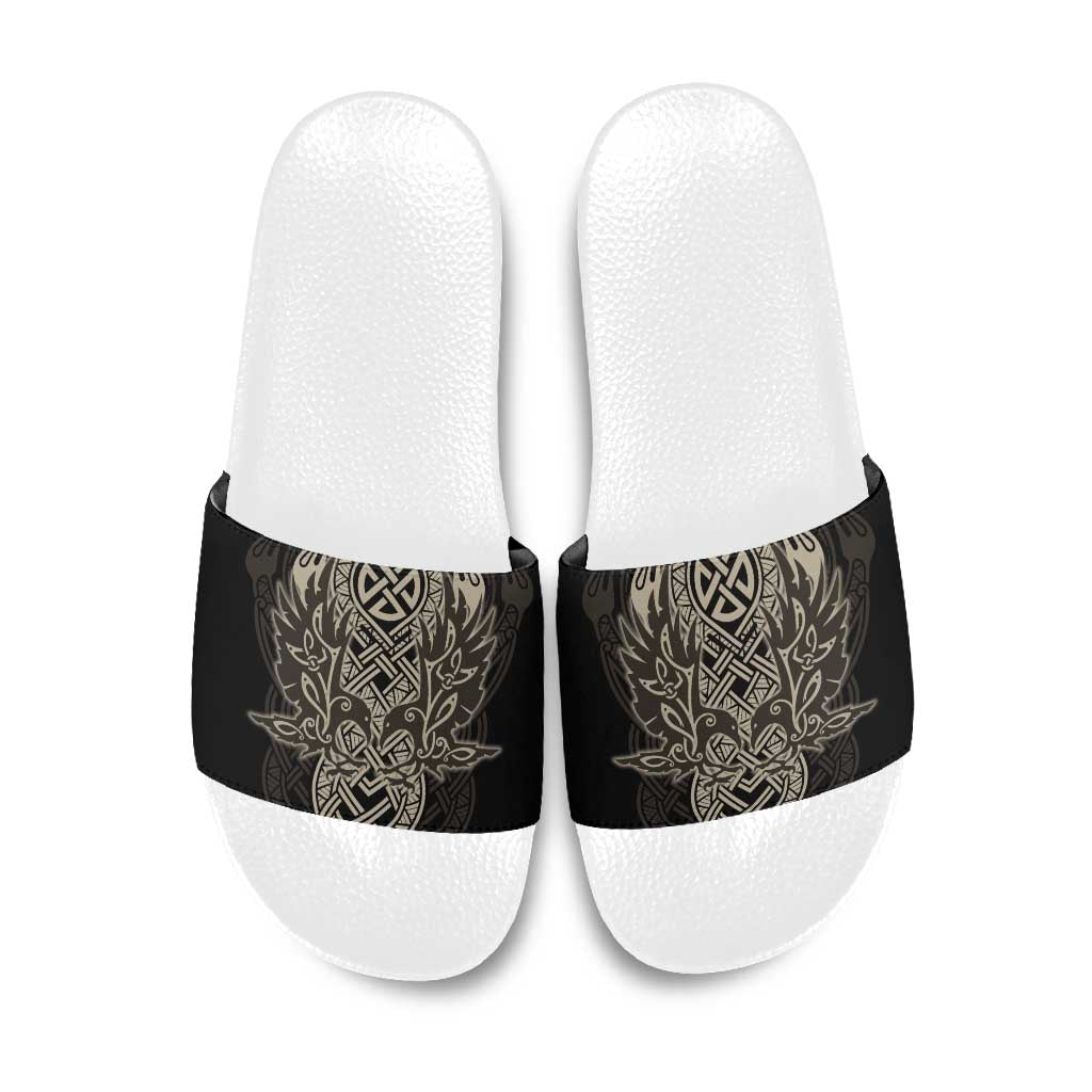 Celtic Trinity Knot Raven Emblem Slide Sandals Intricate Norse Tribal Knotwork Illustration