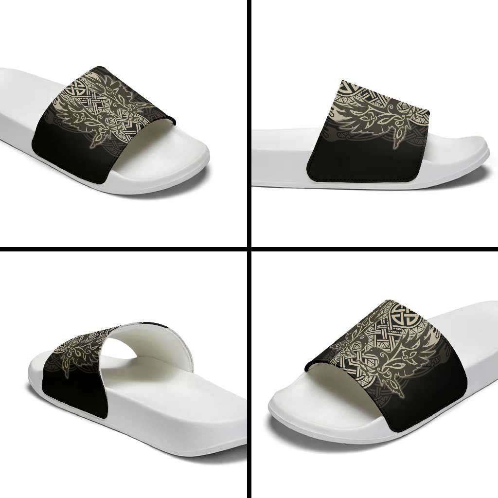 Celtic Trinity Knot Raven Emblem Slide Sandals Intricate Norse Tribal Knotwork Illustration