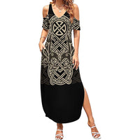 Celtic Trinity Knot Raven Emblem Summer Maxi Dress Intricate Norse Tribal Knotwork Illustration