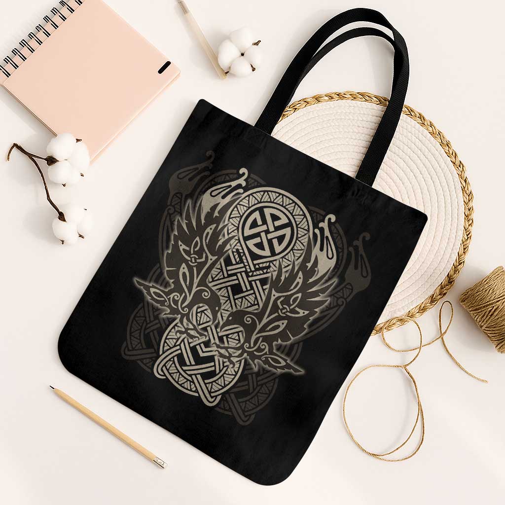Celtic Trinity Knot Raven Emblem Tote Bag Intricate Norse Tribal Knotwork Illustration