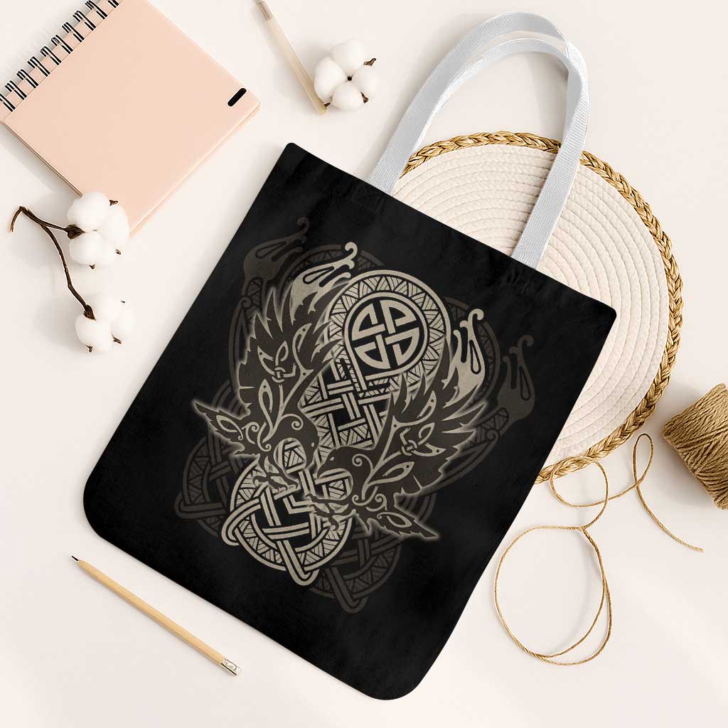 Celtic Trinity Knot Raven Emblem Tote Bag Intricate Norse Tribal Knotwork Illustration
