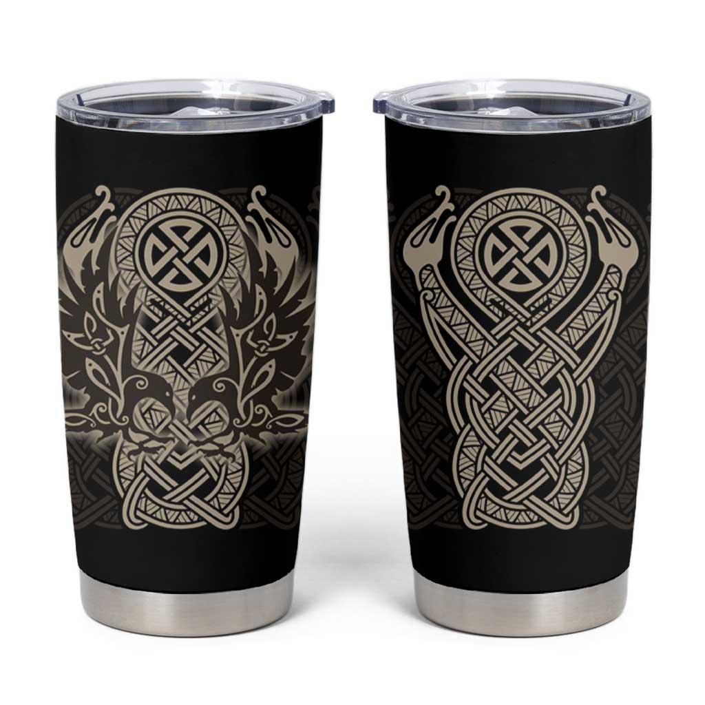 Celtic Trinity Knot Raven Emblem Tumbler Cup Intricate Norse Tribal Knotwork Illustration