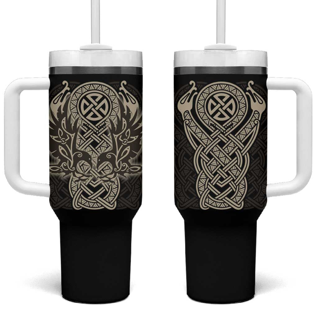 Celtic Trinity Knot Raven Emblem Tumbler With Handle Intricate Norse Tribal Knotwork Illustration