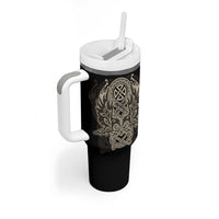 Celtic Trinity Knot Raven Emblem Tumbler With Handle Intricate Norse Tribal Knotwork Illustration