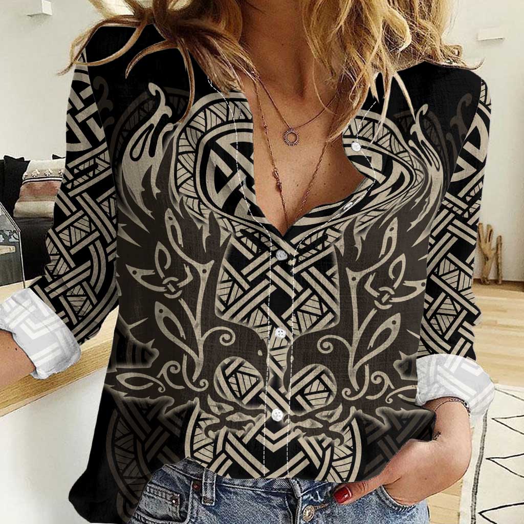 Celtic Trinity Knot Raven Emblem Women Casual Shirt Intricate Norse Tribal Knotwork Illustration