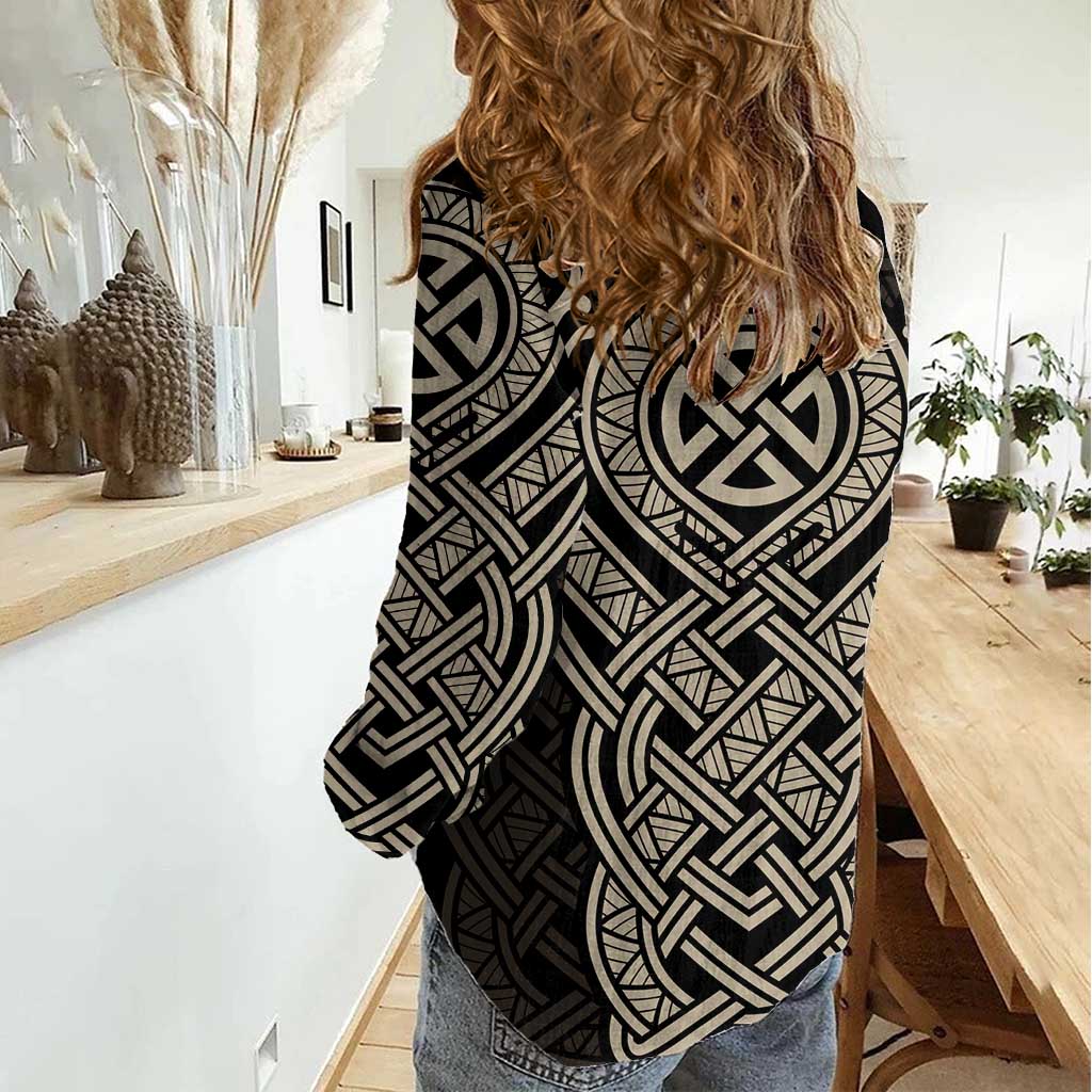 Celtic Trinity Knot Raven Emblem Women Casual Shirt Intricate Norse Tribal Knotwork Illustration