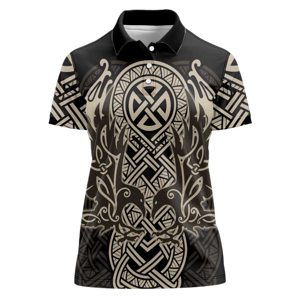 Celtic Trinity Knot Raven Emblem Women Polo Shirt Intricate Norse Tribal Knotwork Illustration