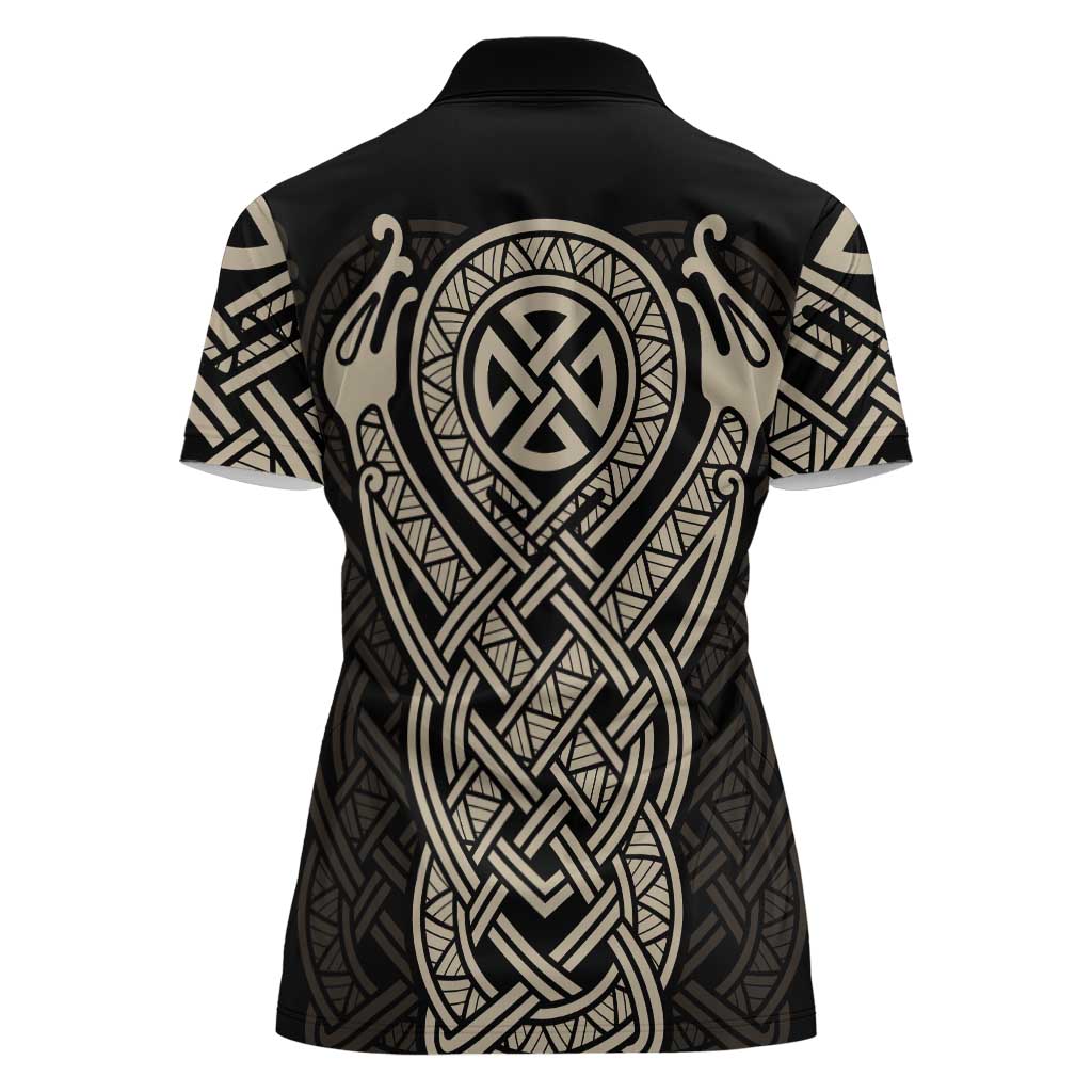 Celtic Trinity Knot Raven Emblem Women Polo Shirt Intricate Norse Tribal Knotwork Illustration