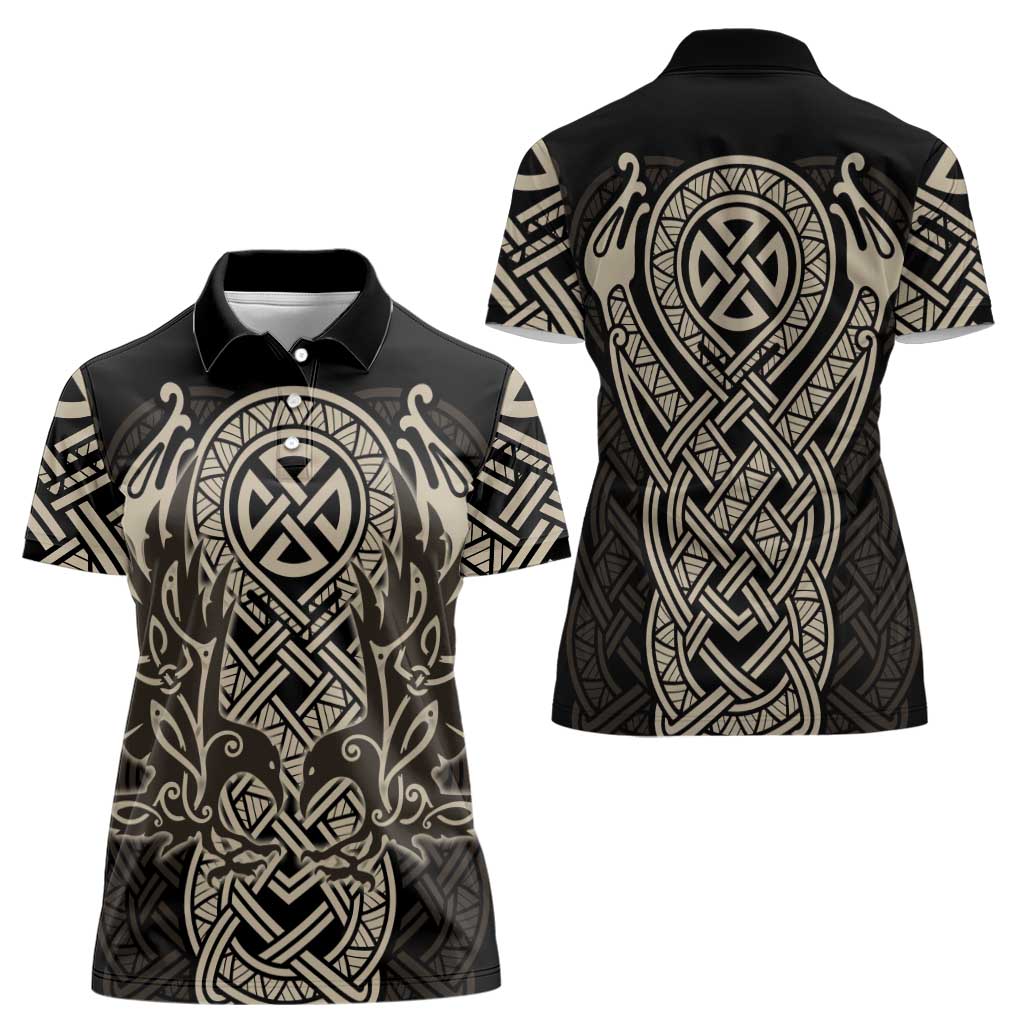 Celtic Trinity Knot Raven Emblem Women Polo Shirt Intricate Norse Tribal Knotwork Illustration