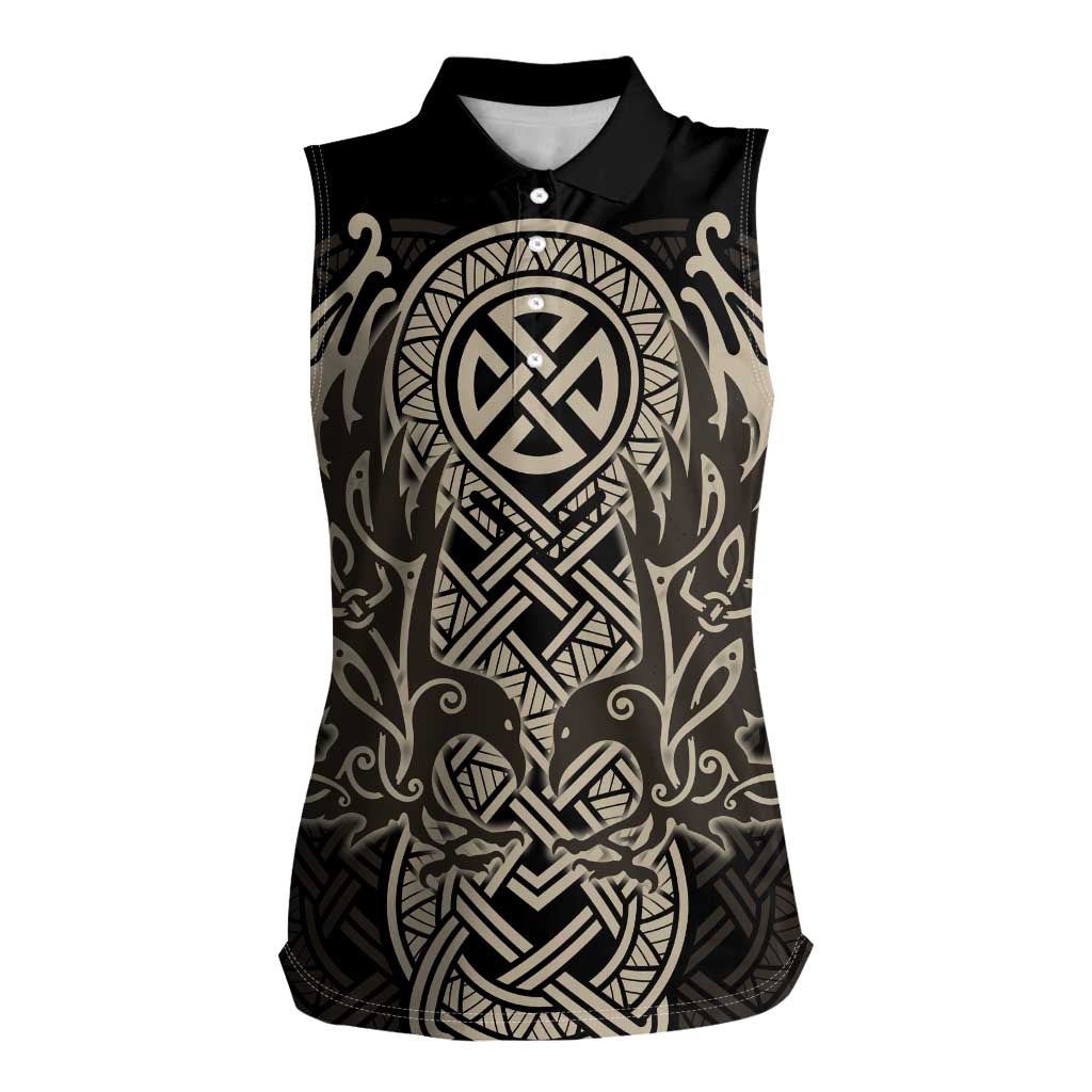 Celtic Trinity Knot Raven Emblem Women Sleeveless Polo Shirt Intricate Norse Tribal Knotwork Illustration