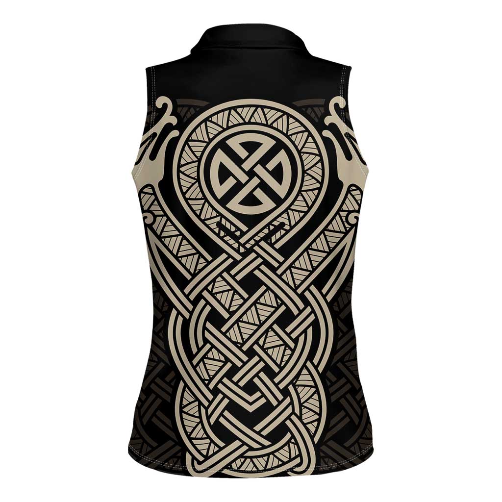 Celtic Trinity Knot Raven Emblem Women Sleeveless Polo Shirt Intricate Norse Tribal Knotwork Illustration
