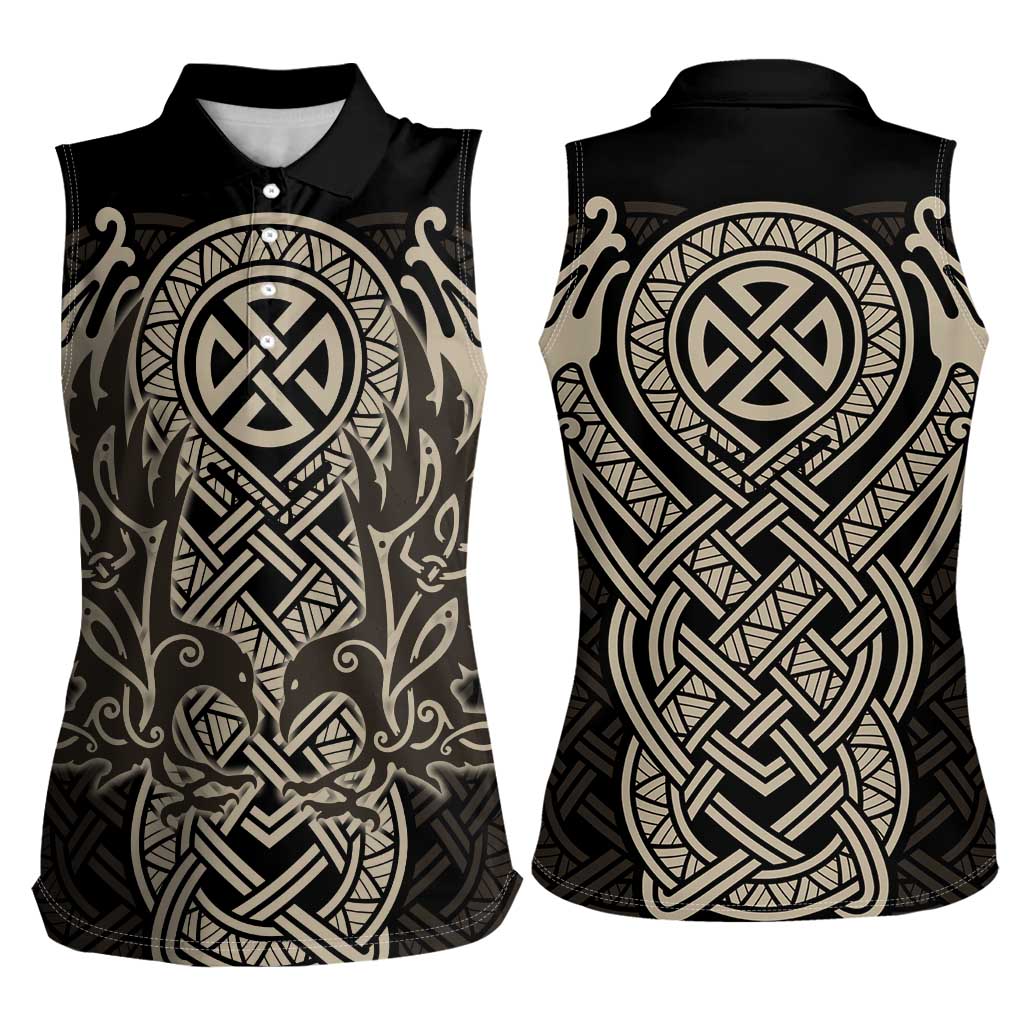 Celtic Trinity Knot Raven Emblem Women Sleeveless Polo Shirt Intricate Norse Tribal Knotwork Illustration