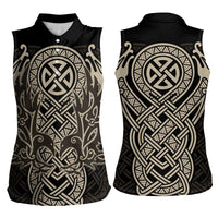 Celtic Trinity Knot Raven Emblem Women Sleeveless Polo Shirt Intricate Norse Tribal Knotwork Illustration