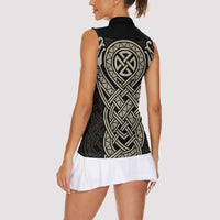Celtic Trinity Knot Raven Emblem Women Sleeveless Polo Shirt Intricate Norse Tribal Knotwork Illustration