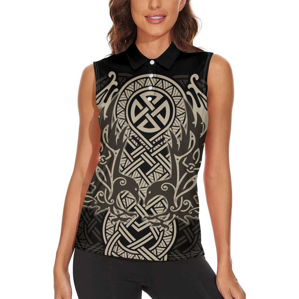 Celtic Trinity Knot Raven Emblem Women Sleeveless Polo Shirt Intricate Norse Tribal Knotwork Illustration
