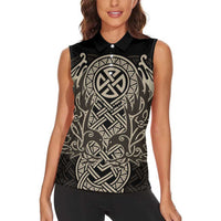 Celtic Trinity Knot Raven Emblem Women Sleeveless Polo Shirt Intricate Norse Tribal Knotwork Illustration