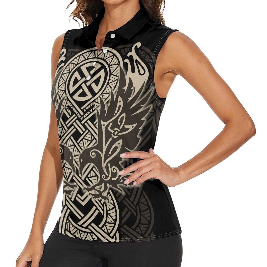 Celtic Trinity Knot Raven Emblem Women Sleeveless Polo Shirt Intricate Norse Tribal Knotwork Illustration