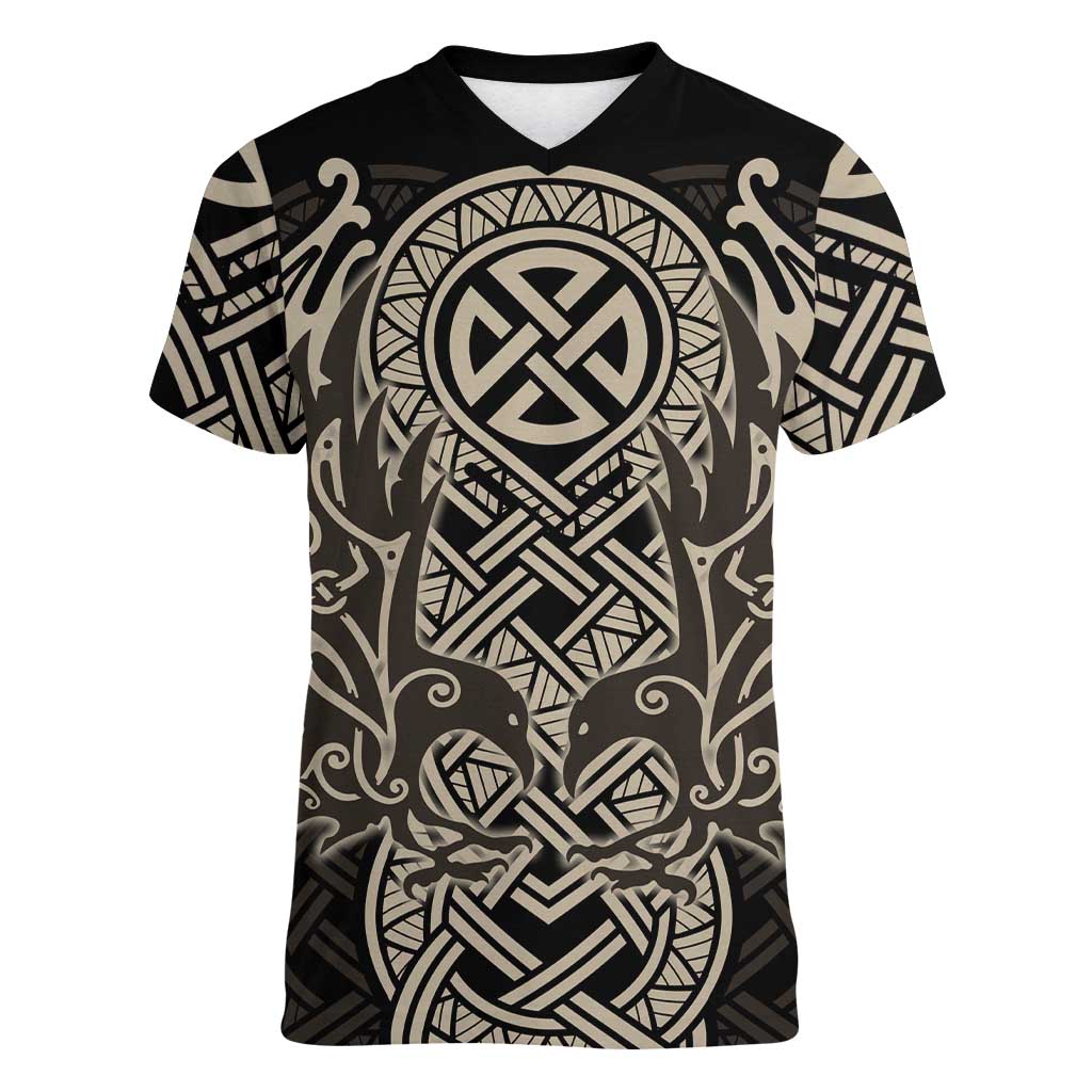 Celtic Trinity Knot Raven Emblem Women V-Neck T-Shirt Intricate Norse Tribal Knotwork Illustration