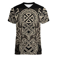 Celtic Trinity Knot Raven Emblem Women V-Neck T-Shirt Intricate Norse Tribal Knotwork Illustration