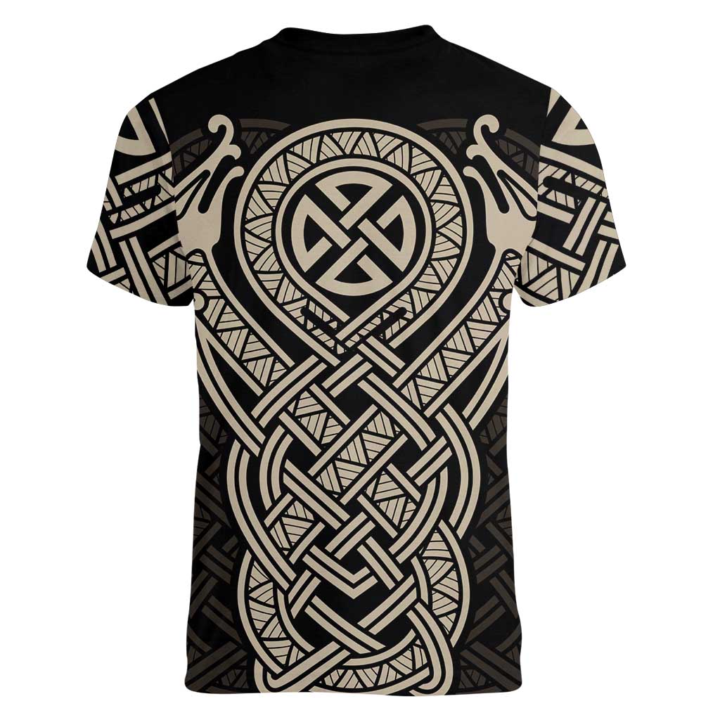 Celtic Trinity Knot Raven Emblem Women V-Neck T-Shirt Intricate Norse Tribal Knotwork Illustration