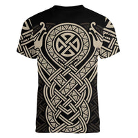 Celtic Trinity Knot Raven Emblem Women V-Neck T-Shirt Intricate Norse Tribal Knotwork Illustration