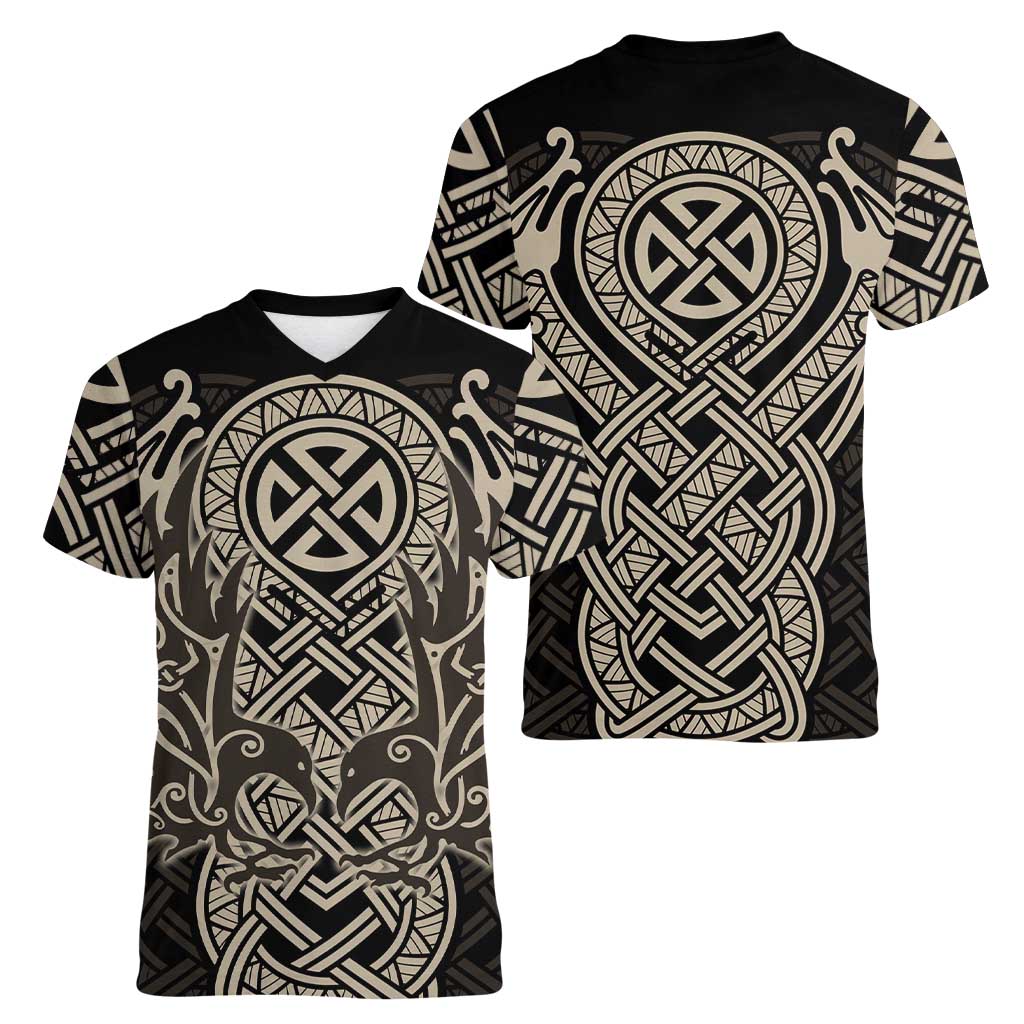 Celtic Trinity Knot Raven Emblem Women V-Neck T-Shirt Intricate Norse Tribal Knotwork Illustration