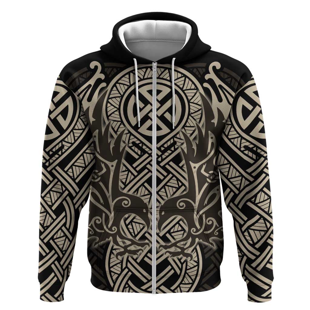 Celtic Trinity Knot Raven Emblem Zip Hoodie Intricate Norse Tribal Knotwork Illustration