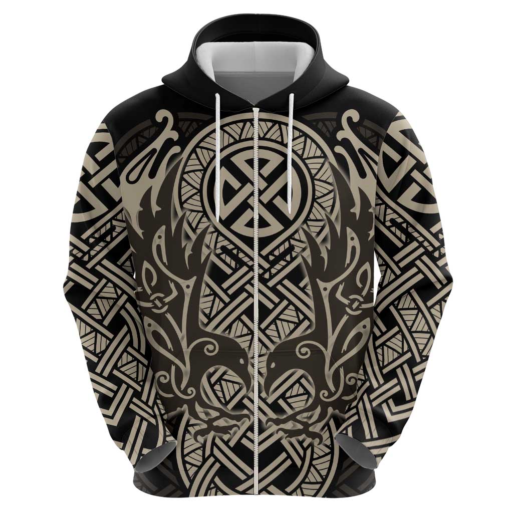 Celtic Trinity Knot Raven Emblem Zip Hoodie Intricate Norse Tribal Knotwork Illustration