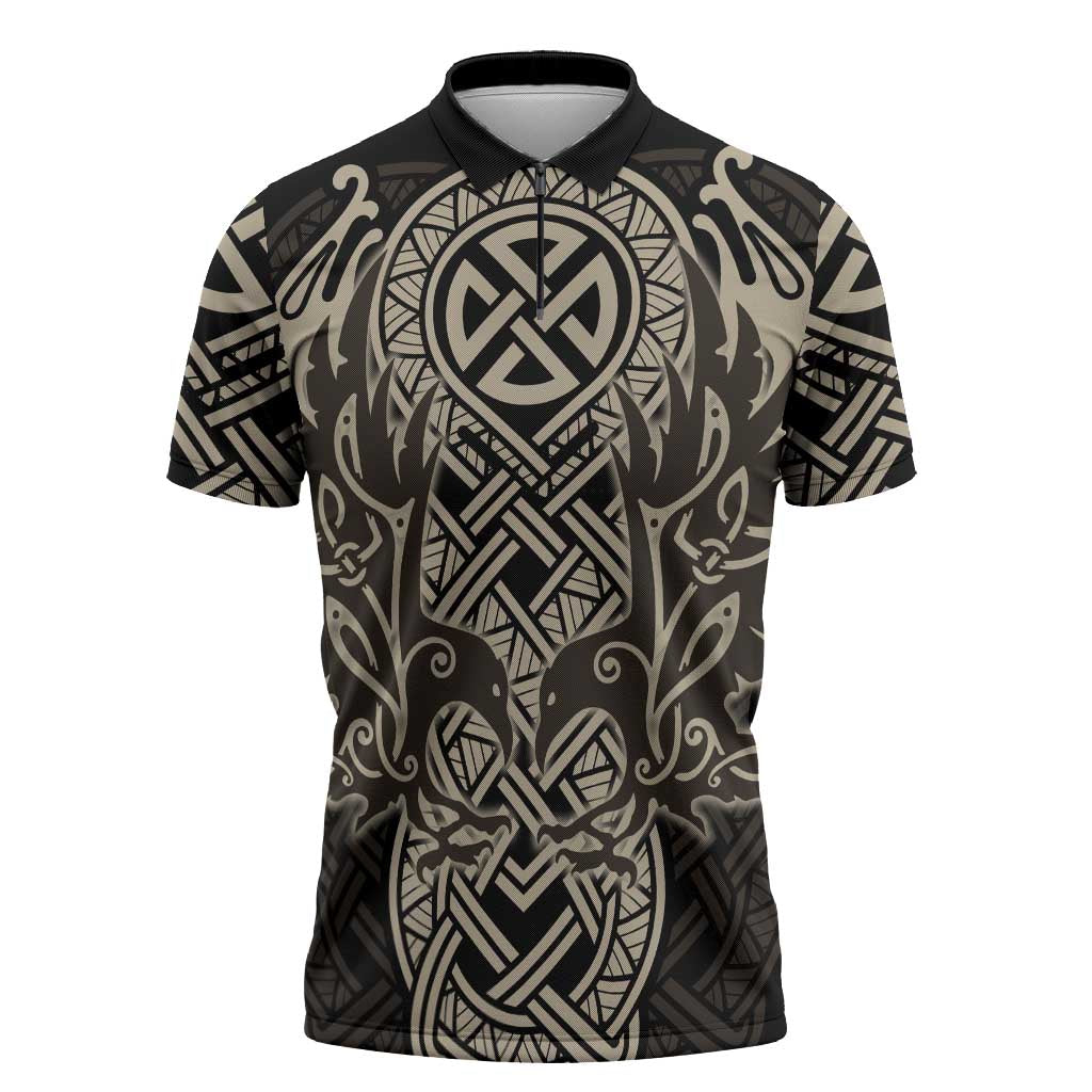 Celtic Trinity Knot Raven Emblem Zipper Polo Shirt Intricate Norse Tribal Knotwork Illustration