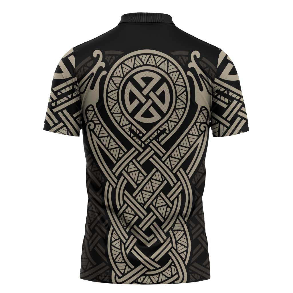 Celtic Trinity Knot Raven Emblem Zipper Polo Shirt Intricate Norse Tribal Knotwork Illustration