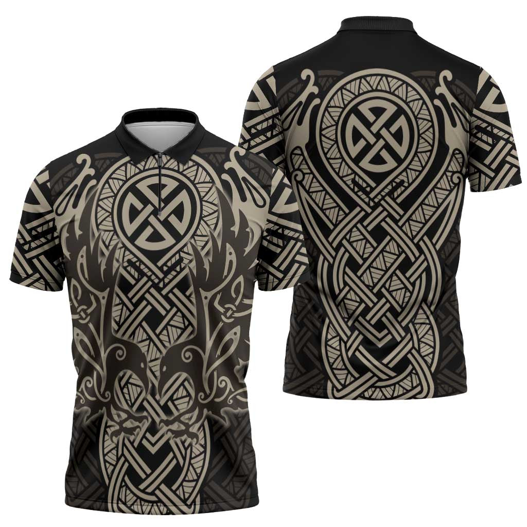 Celtic Trinity Knot Raven Emblem Zipper Polo Shirt Intricate Norse Tribal Knotwork Illustration