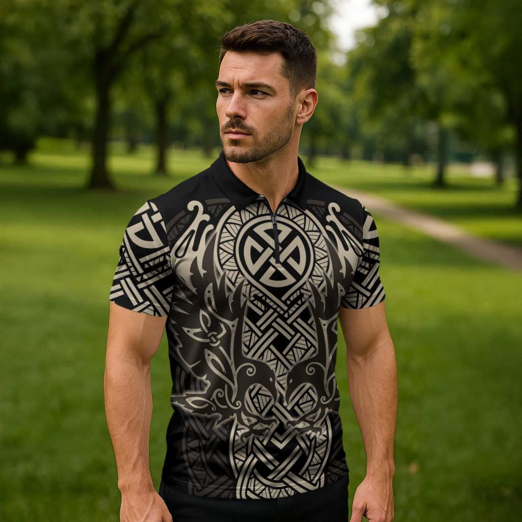Celtic Trinity Knot Raven Emblem Zipper Polo Shirt Intricate Norse Tribal Knotwork Illustration
