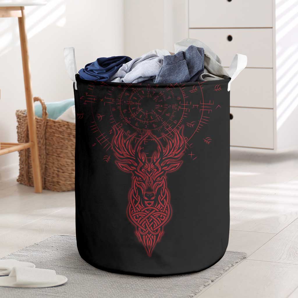 Viking Stag and Helm of Awe Symbol Laundry Basket Glowing Norse Runic Tribal Illustration