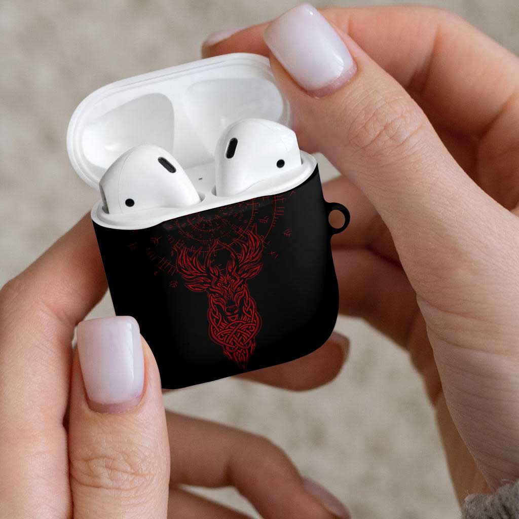 Viking Stag and Helm of Awe Symbol AirPods Case Glowing Norse Runic Tribal Illustration