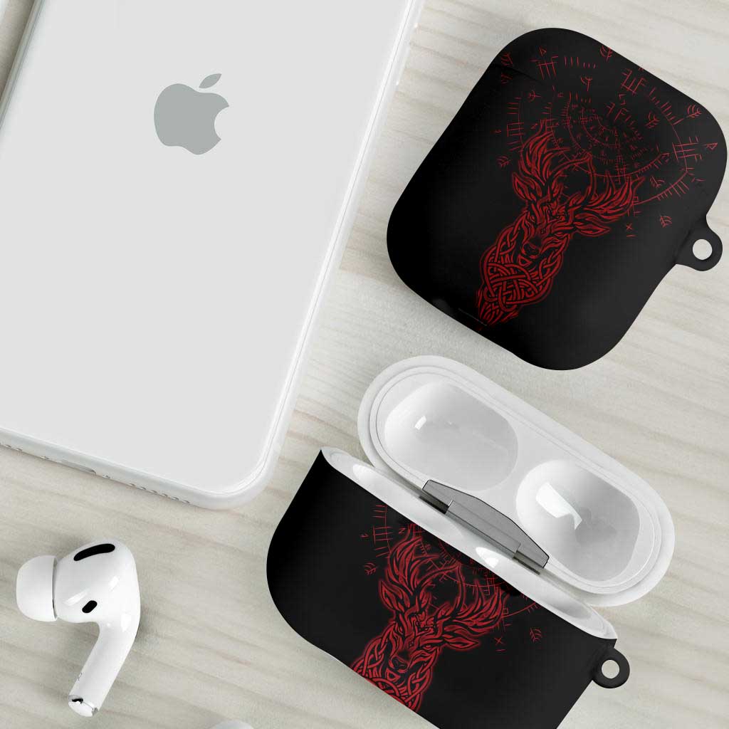 Viking Stag and Helm of Awe Symbol AirPods Case Glowing Norse Runic Tribal Illustration