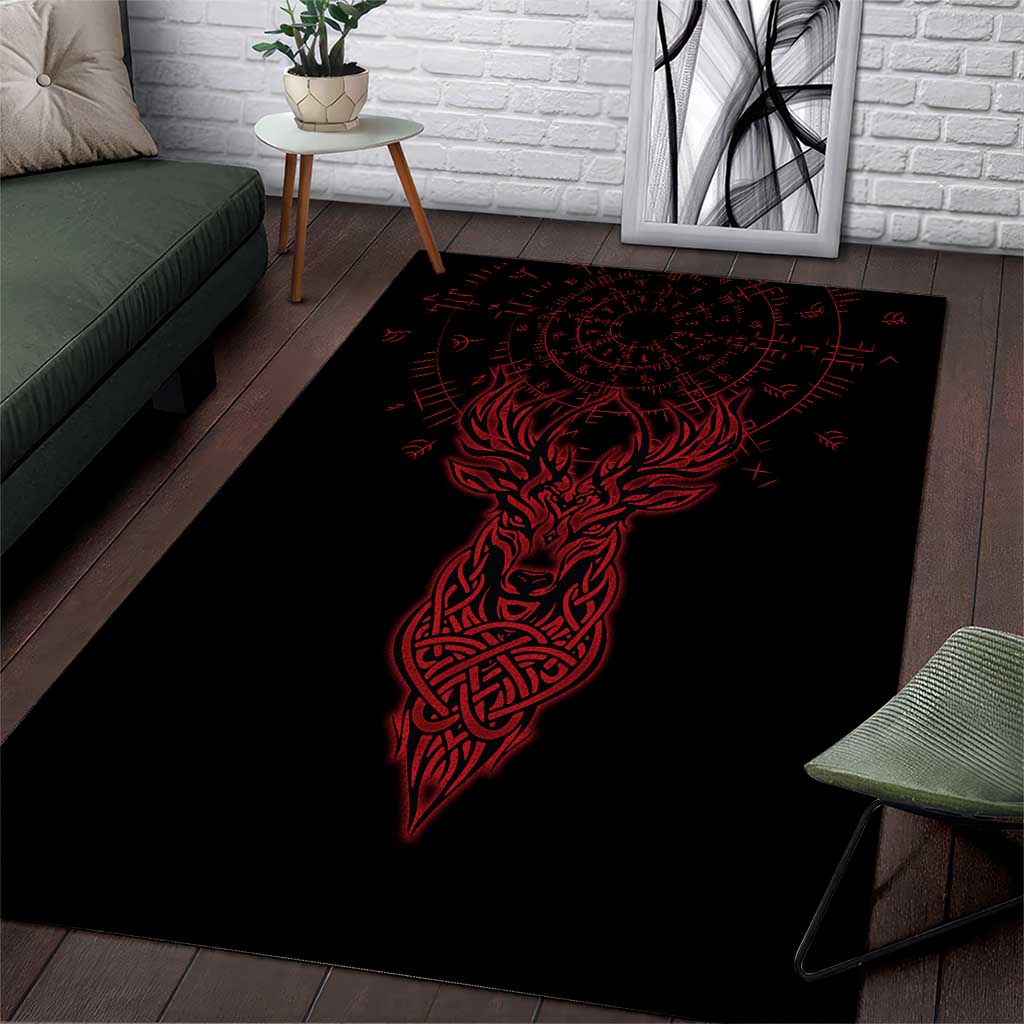 Viking Stag and Helm of Awe Symbol Area Rug Glowing Norse Runic Tribal Illustration