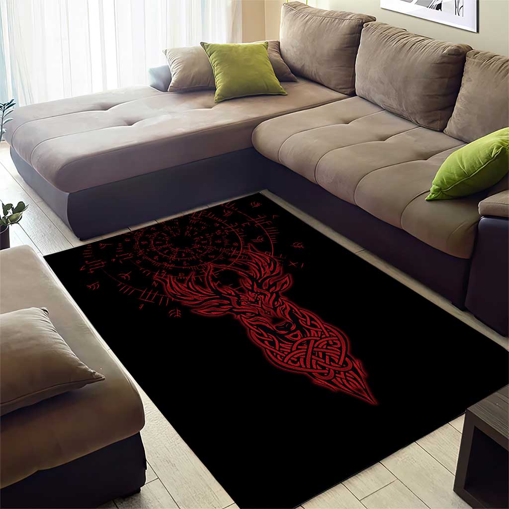 Viking Stag and Helm of Awe Symbol Area Rug Glowing Norse Runic Tribal Illustration