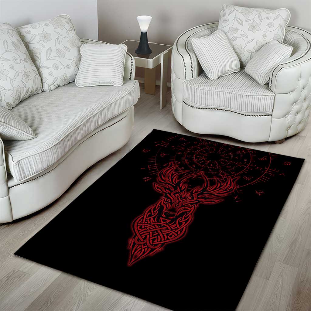 Viking Stag and Helm of Awe Symbol Area Rug Glowing Norse Runic Tribal Illustration