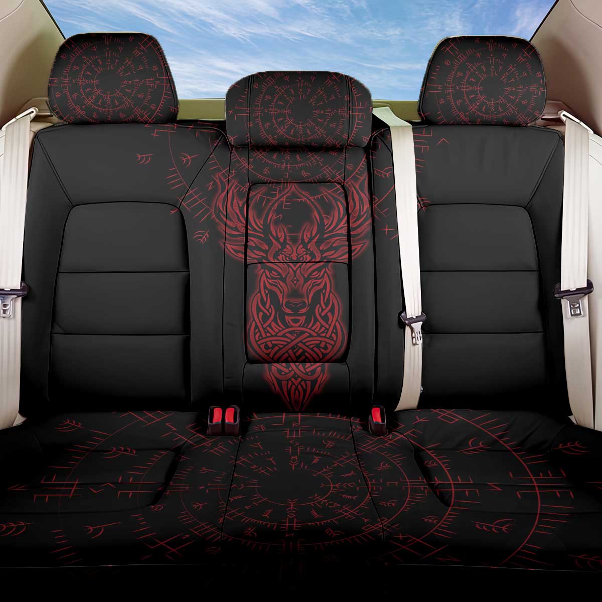 Viking Stag and Helm of Awe Symbol Back Car Seat Cover Glowing Norse Runic Tribal Illustration