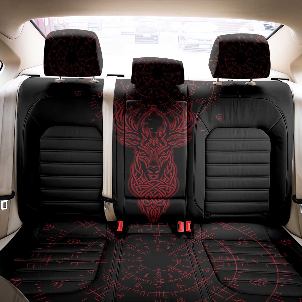 Viking Stag and Helm of Awe Symbol Back Car Seat Cover Glowing Norse Runic Tribal Illustration