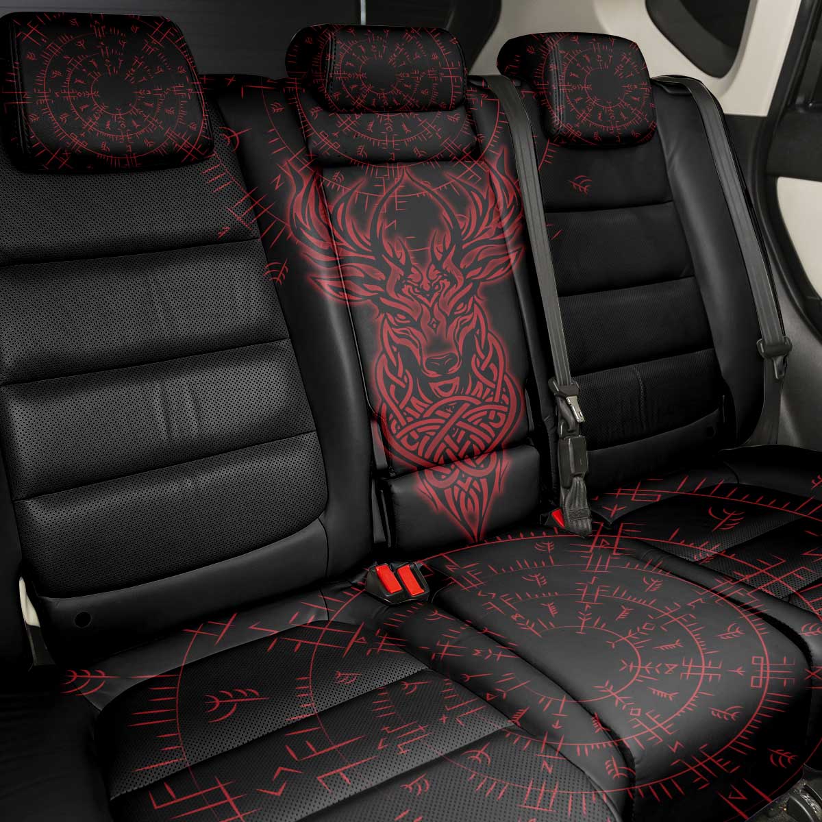 Viking Stag and Helm of Awe Symbol Back Car Seat Cover Glowing Norse Runic Tribal Illustration